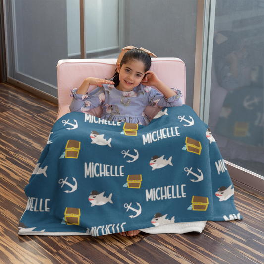 Personalized Gift | Custom Name Shark Pirate Blanket For Kids BL-12