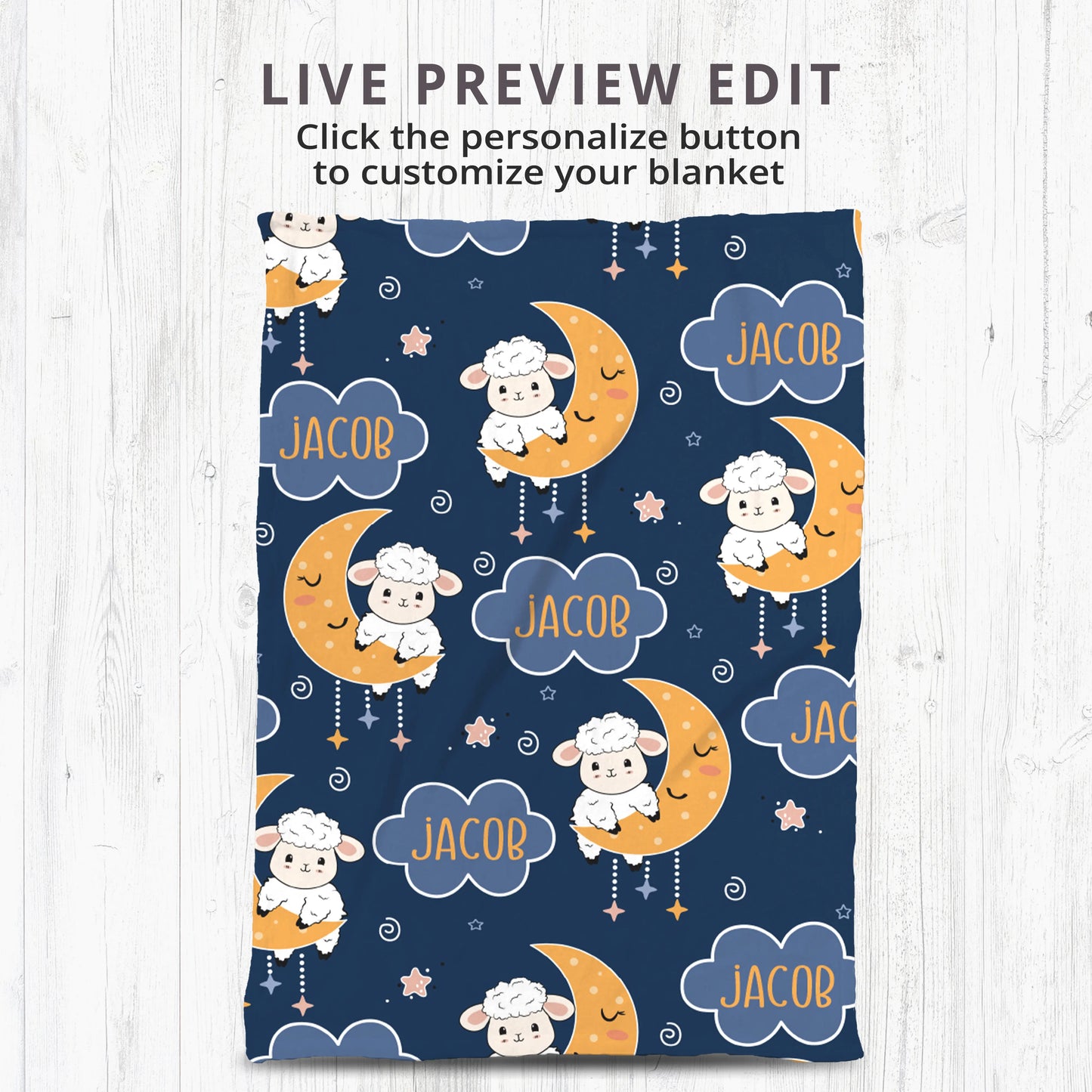 Personalized Gift | Custom Name Blanket For Kids | Moon and Sheep BL-05