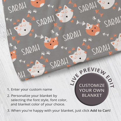 Personalized Gift | Custom Name Blanket For Kids | Kitty Cat BL-11