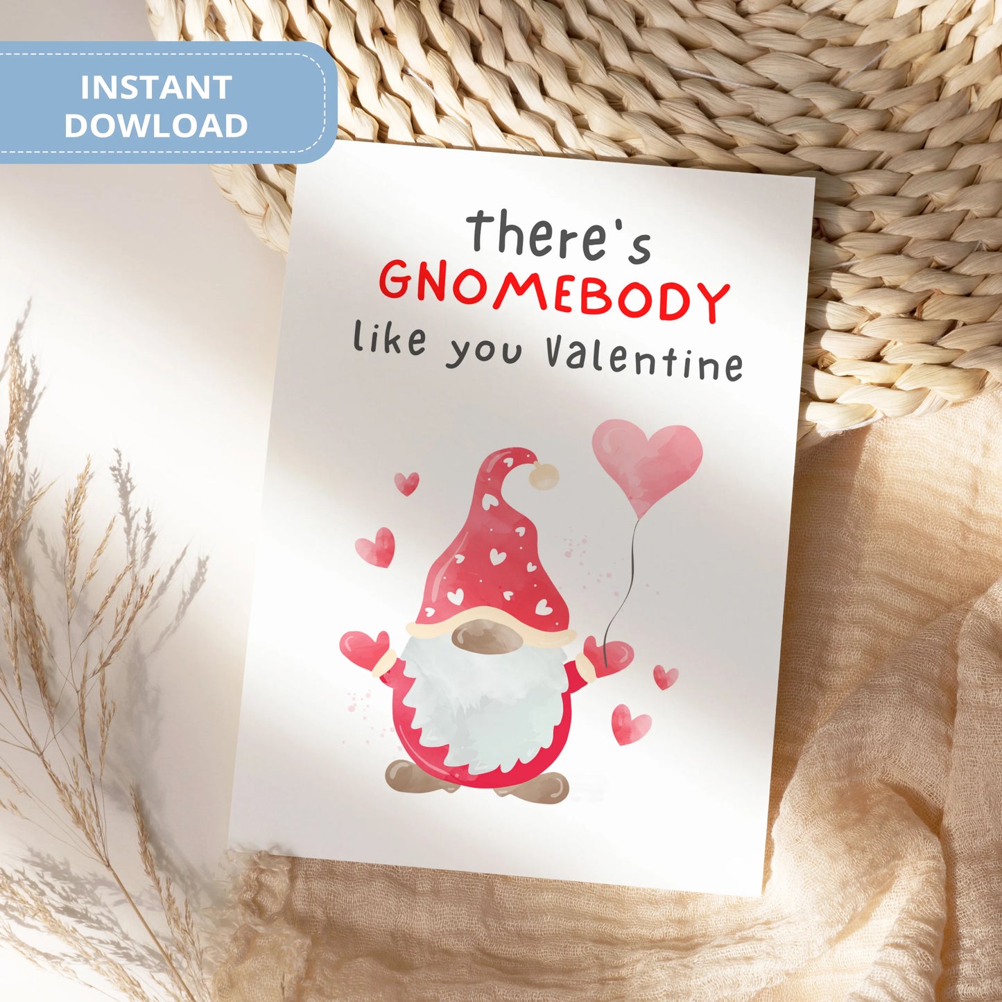 Valentines Card Printable Digital Download | There's Gnomebody Like You Valentine 42
