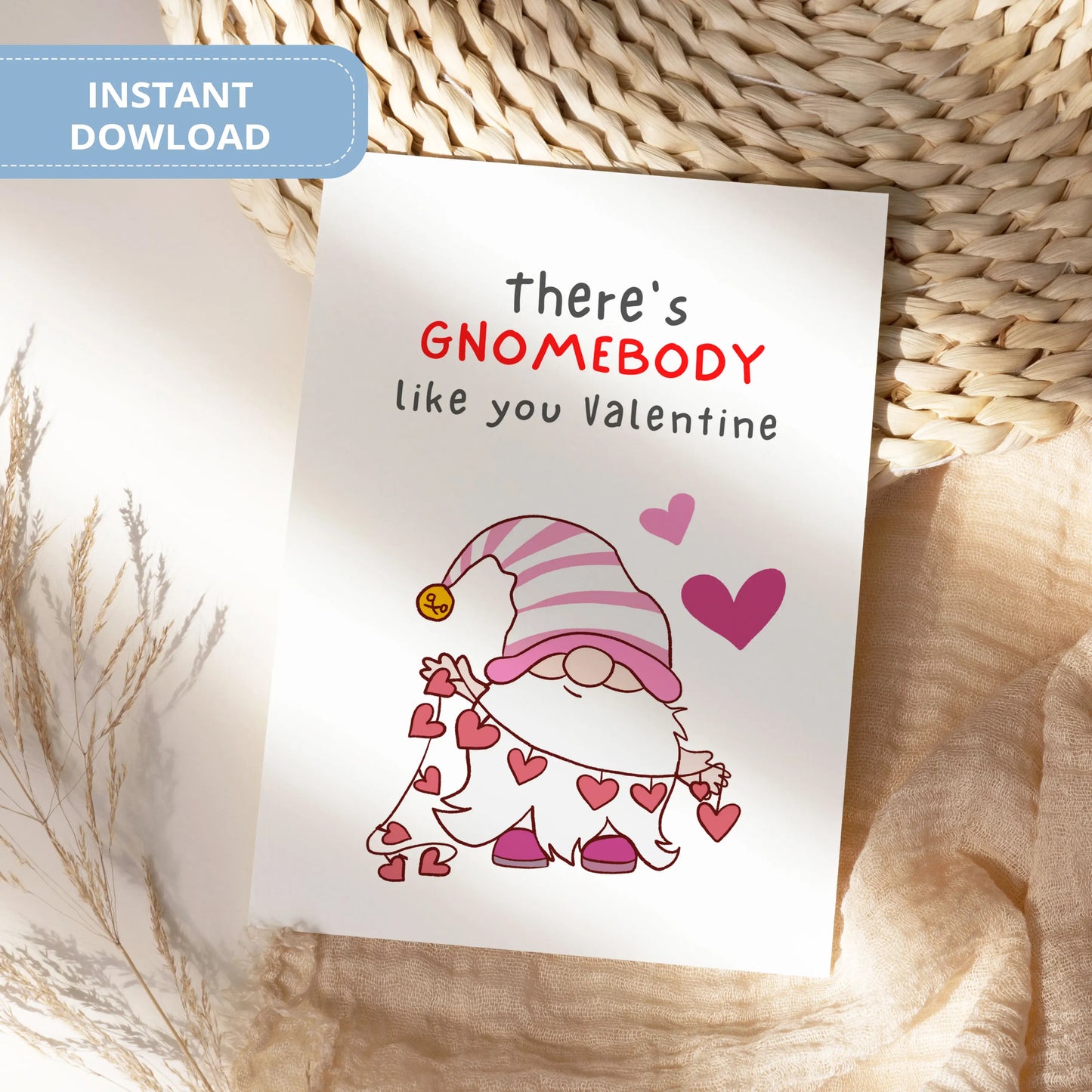 Valentines Card Printable Digital Download | There's Gnomebody Like You Valentine 43