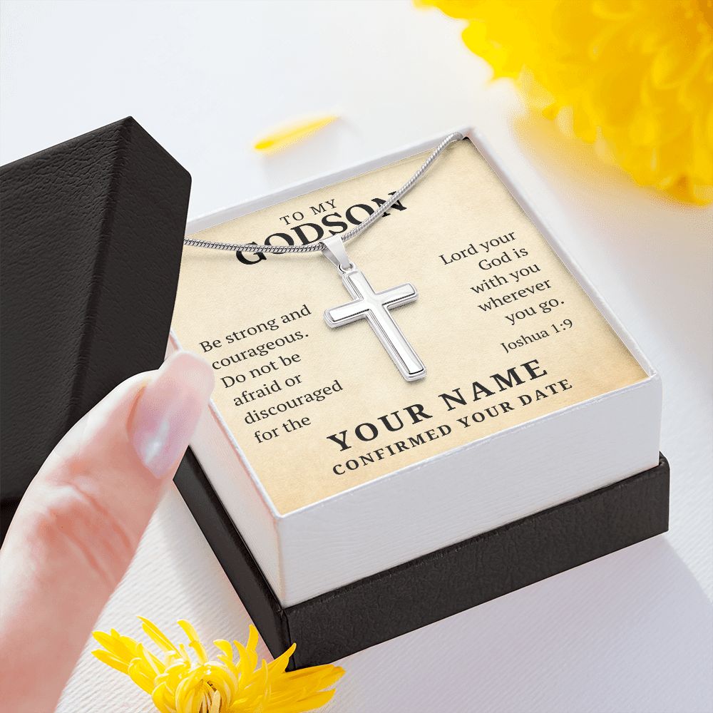 Personalized Confirmation Gift For Boy - Godson | Be Strong Cross Necklace 0826T2SSCN