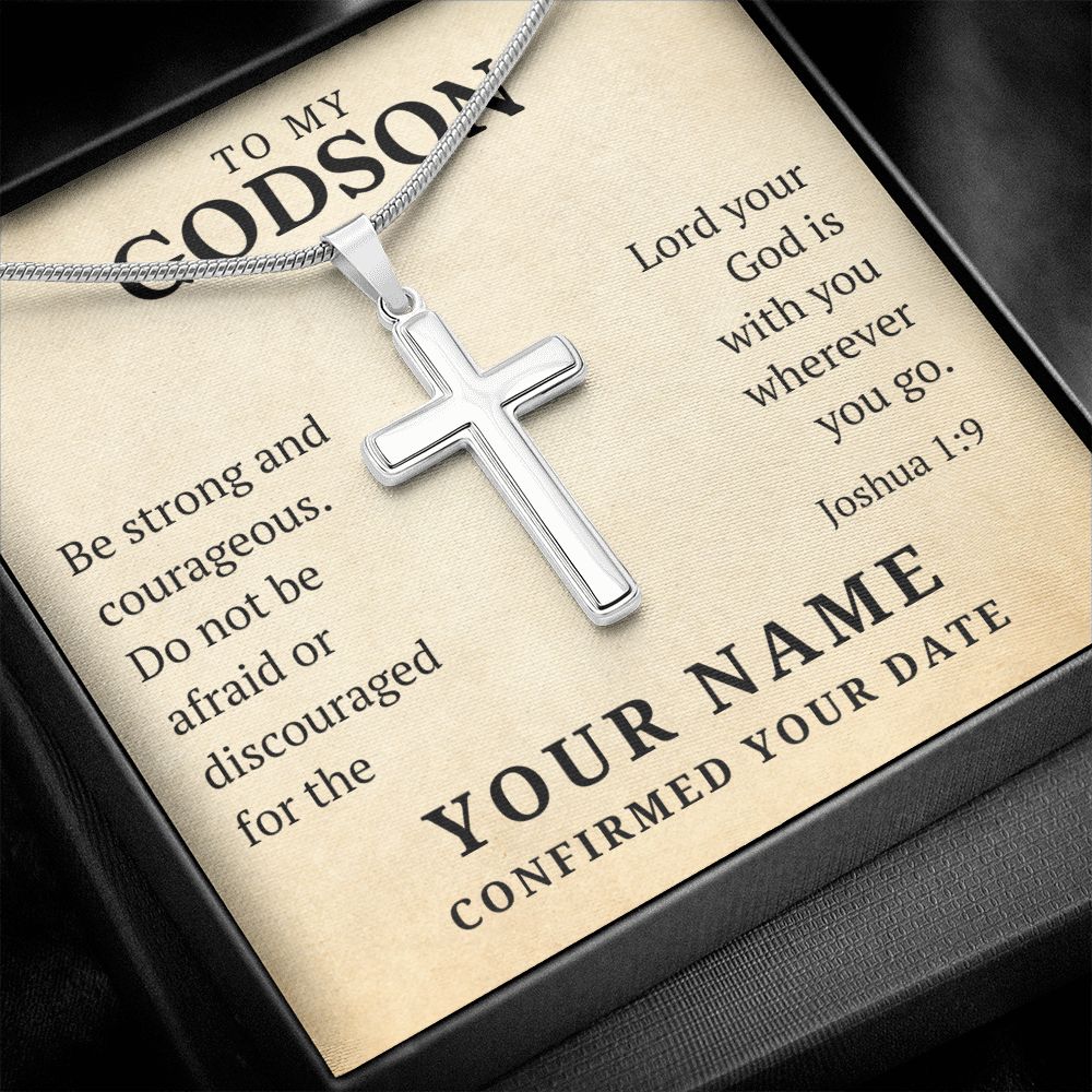 Personalized Confirmation Gift For Boy - Godson | Be Strong Cross Necklace 0826T2SSCN