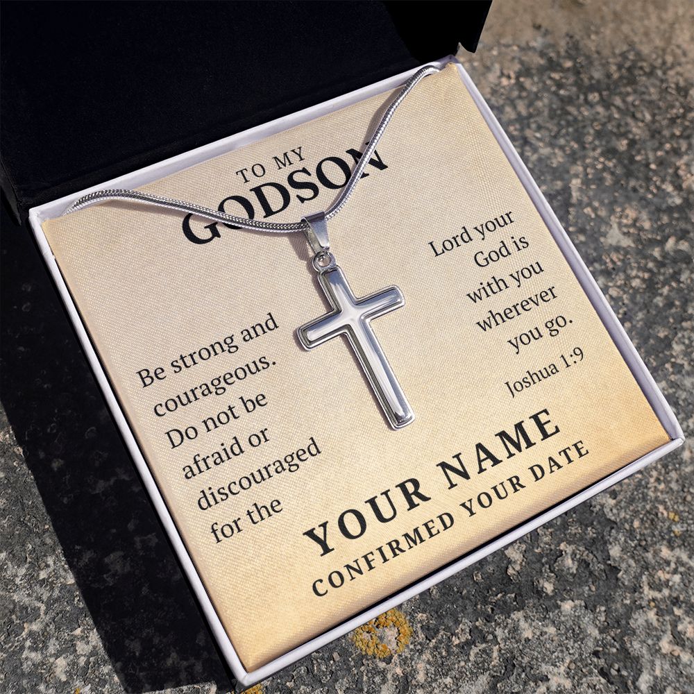Personalized Confirmation Gift For Boy - Godson | Be Strong Cross Necklace 0826T2SSCN