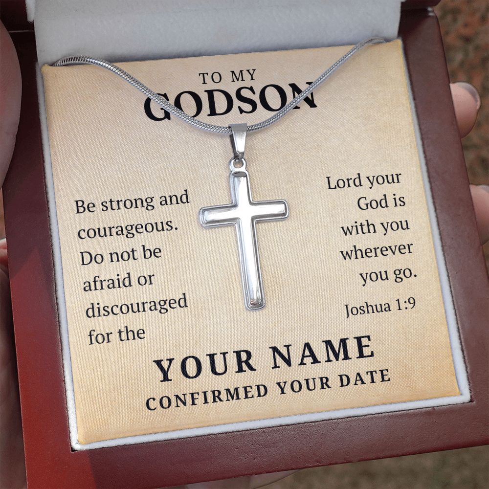 Personalized Confirmation Gift For Boy - Godson | Be Strong Cross Necklace 0826T2SSCN